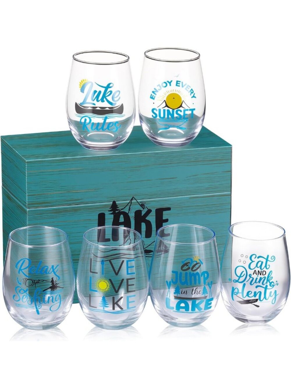 7 Pcs Lake House Gift Set - 20 oz Stemless Wine Glasses in Elegant Box